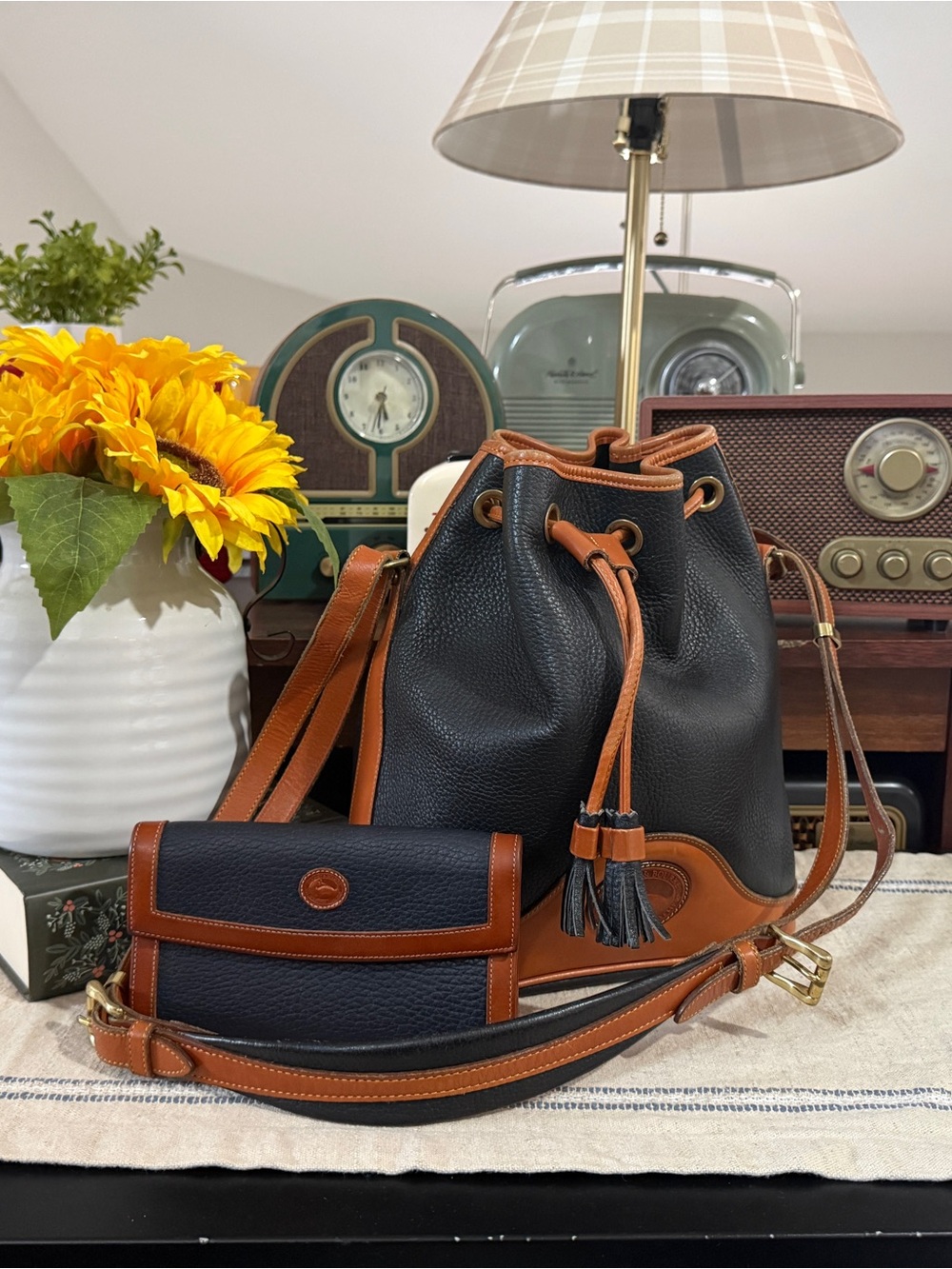 Vintage Dooney & Bourke AWL Leather Black & Tan Bucket Bag with Matching Wallet